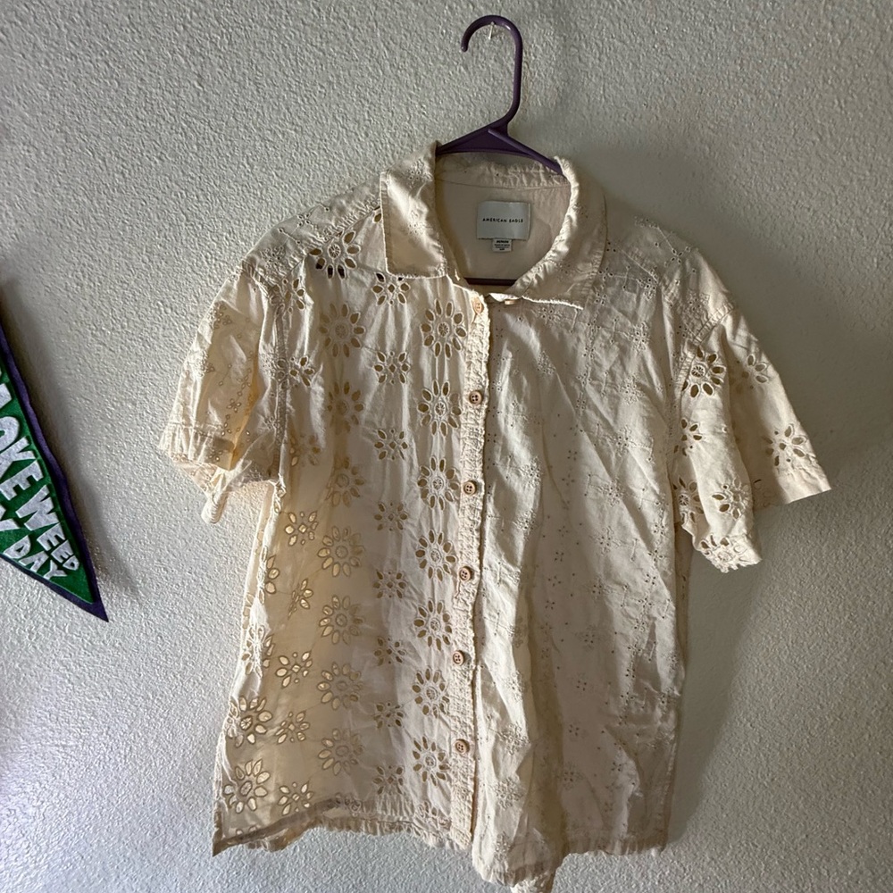 American Eagle Outfitters Soft Cream Eyelet Button Shirt